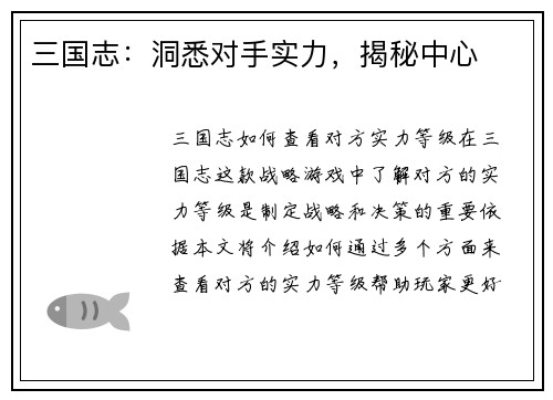 三国志：洞悉对手实力，揭秘中心